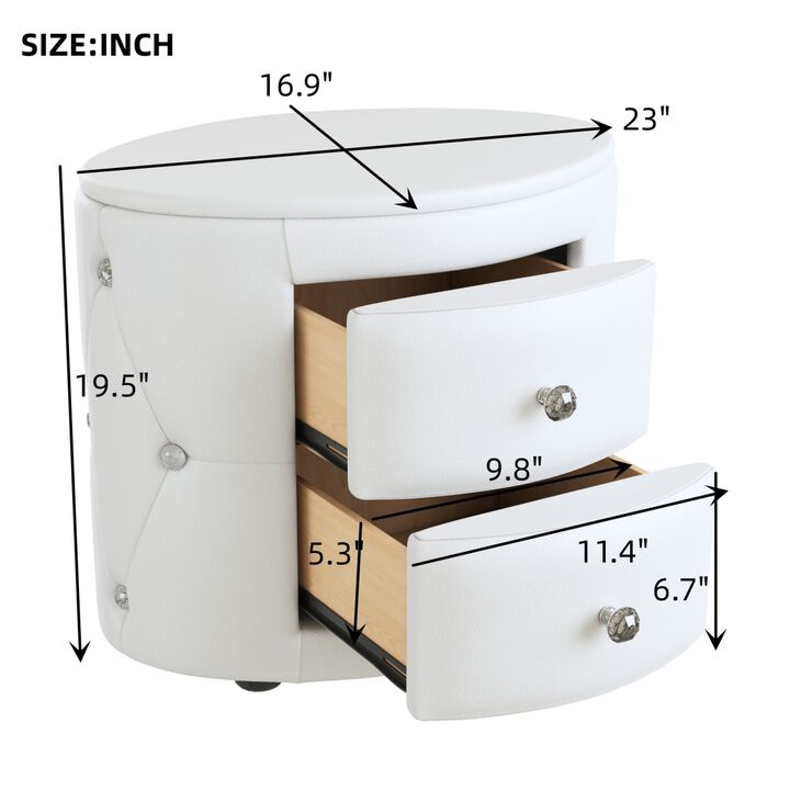 Elegant PU Nightstand with 2 Drawers and Crystal Handle, Fully Assembled Except Legs Handles, Storage Bedside Table - White