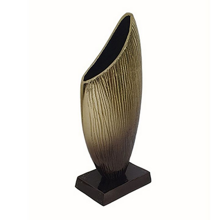 15 Inch Decorative Vase, Aluminum, Vertical Ribbing, Gold and Jet Black - Benzara