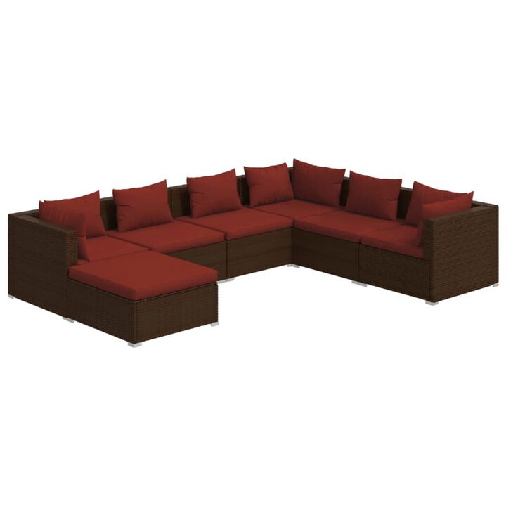 Joez 7pc Outdoor Modular Lounge Sofa Set, Footrest, Brown Rattan, Red - Benzara