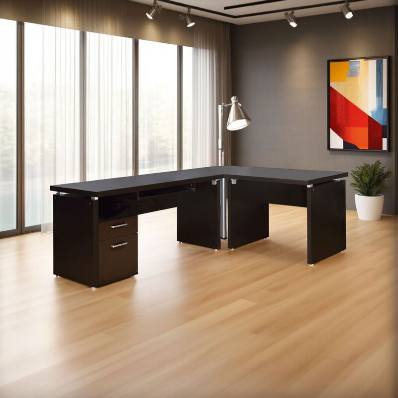 Niti 83 Inch Computer Office Desk, L Shape, Slide Out Keyboard Tray, Brown - Benzara