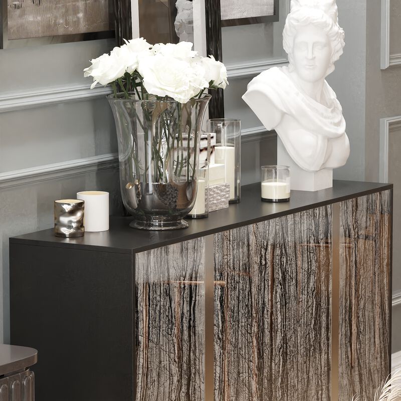FUFU&GAGA Contemporary Black Sideboard with Marble-Pattern Glass Doors (63" W x 15.7" D x 31.5" H), P2 MDF Cabinet with Silver-Plated Legs