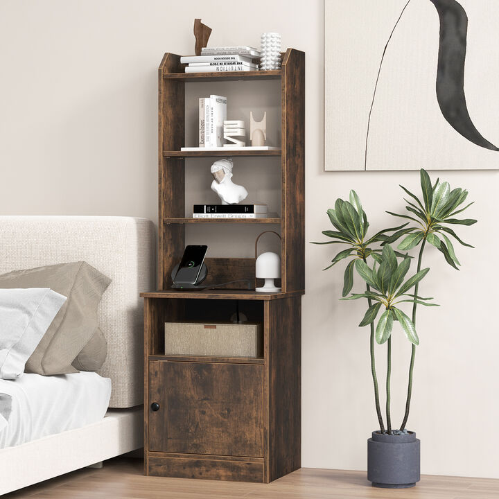 Bedside Tables Tall Nightstands with 5 Open Shelf and Cabinet