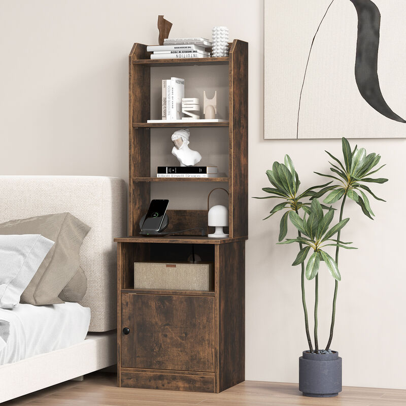 Bedside Tables Tall Nightstands with 5 Open Shelf and Cabinet