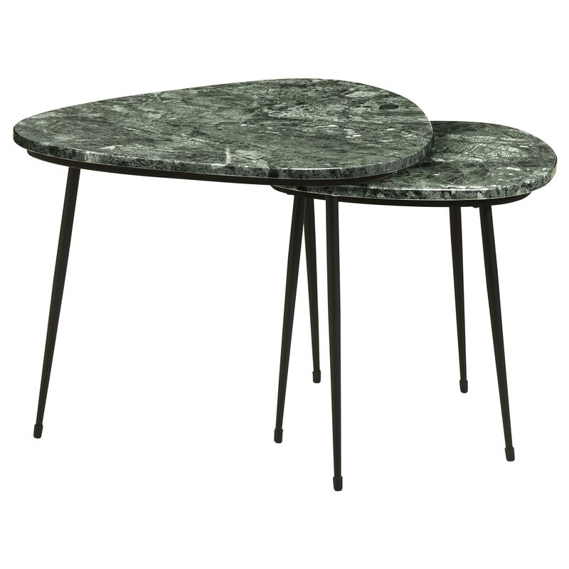 2 Piece Nesting Accent Table Set, Triangular Marble Top, Green, Black