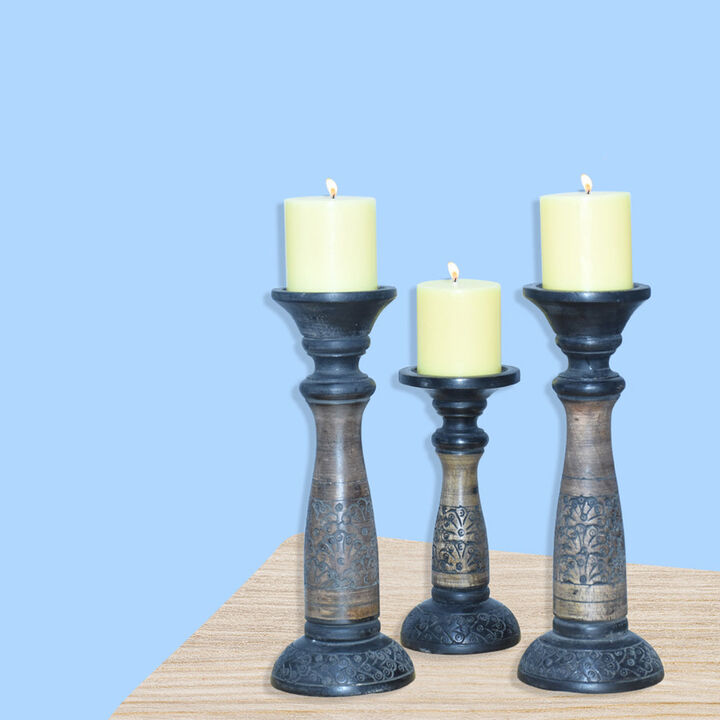 Traditional Black Wash Eco-friendly Handmade Mango Wood Set Of Three 12",9" & 12" Pillar Candle Holder