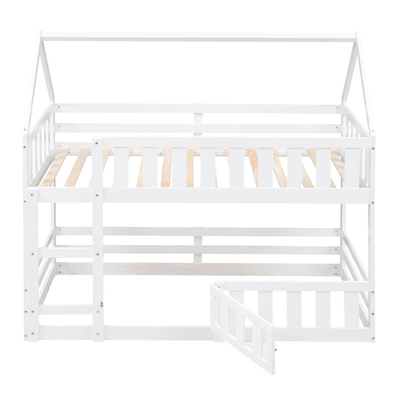 Whisen Wood Twin over Twin House-Shaped Bunk Bed with Fence with Door and Ladder - White
