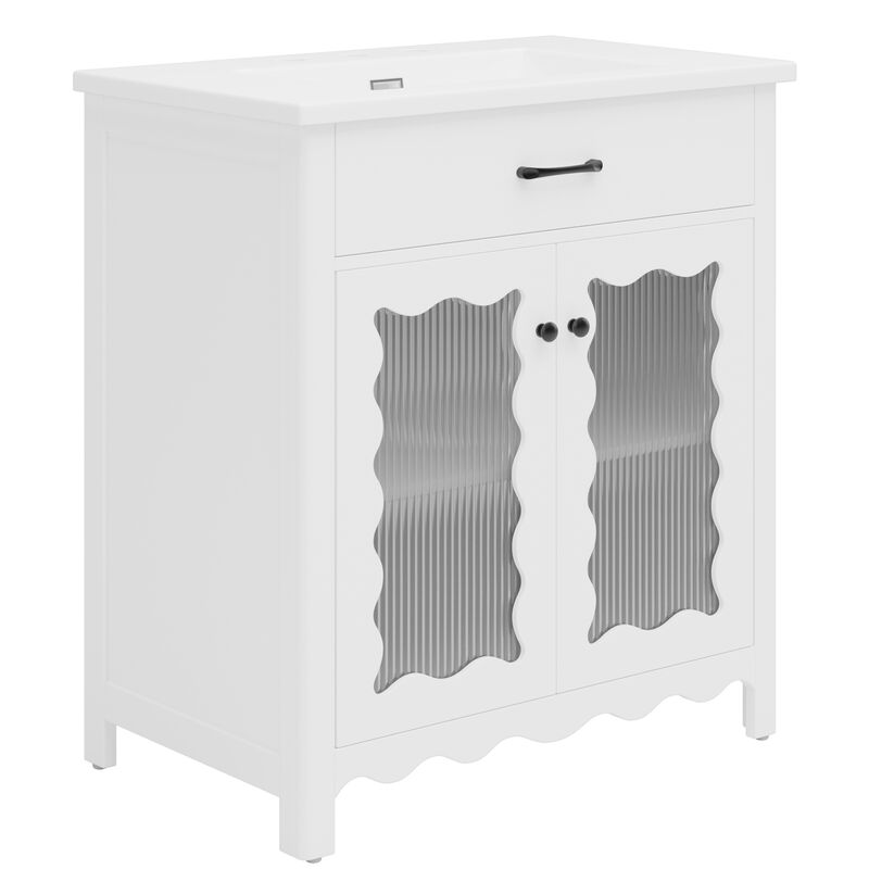 31" Modern Bathroom Cabinet with Tempered Glass, White