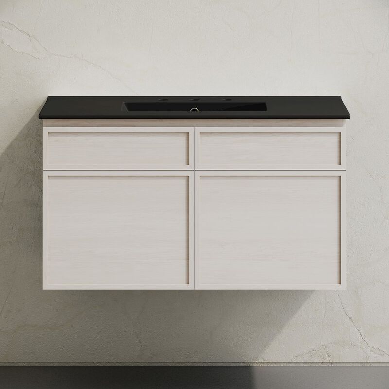 36" Wall-Mounted Bathroom Vanity in White Oak, Black 3-Hole Widespread Sink Top image number 4