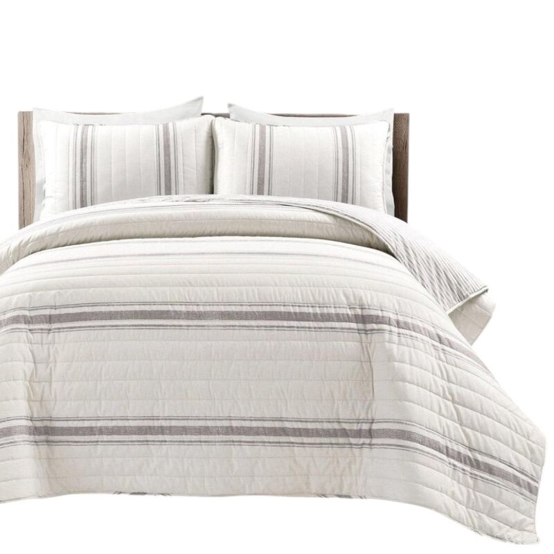 Hivvago Grey Off-White Stripe Reversible Cotton Quilt Set