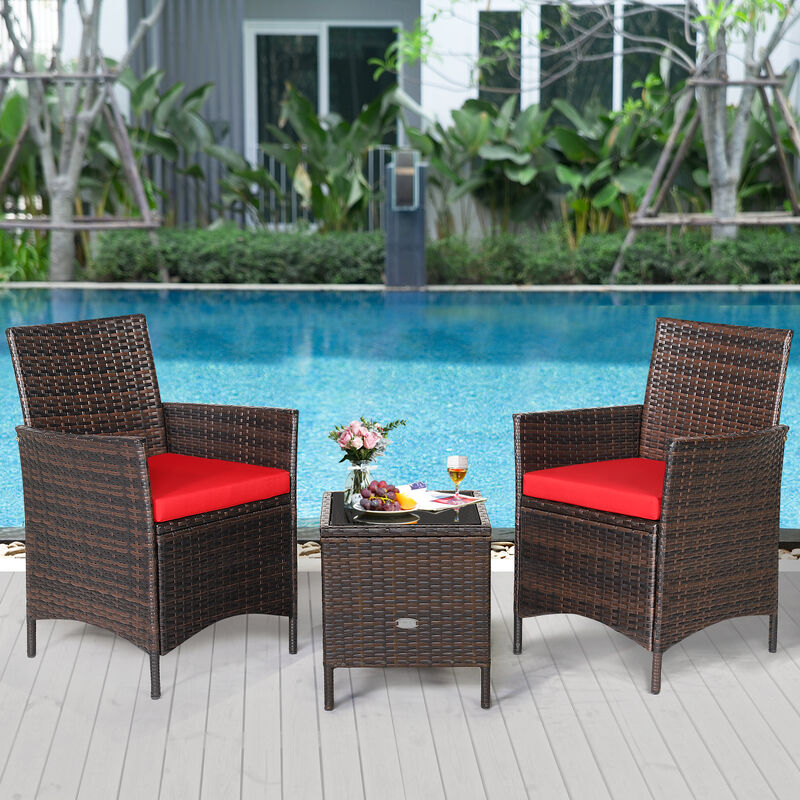 3 Pieces Patio Rattan Furniture Set Cushioned Sofa and Glass Tabletop Deck