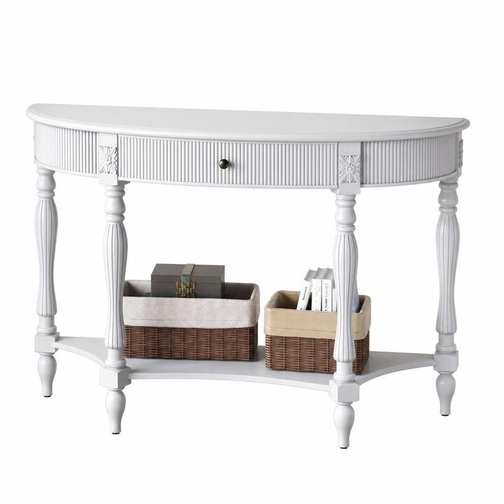 GOODSILO Solid Wood Half Moon Console Table with Drawer and Open Shelf, Fluted Vintage Curved Entryway Table for Narrow Hallway Living Room Foyer