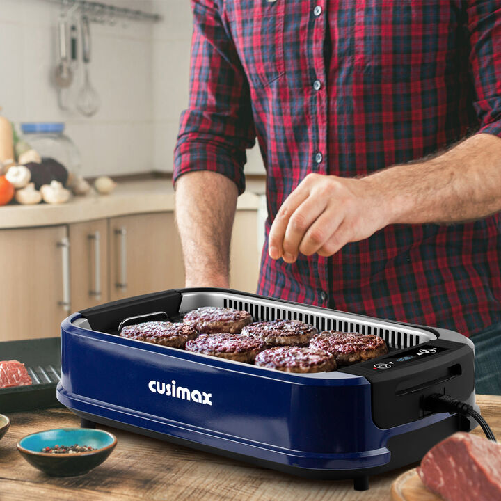 Cusimax Smokeless Indoor Grill, Portable Electric Grill with Turbo Smoke Extractor, Non-stick Removable Grill Pan, Glass Lid, 1500 Watts