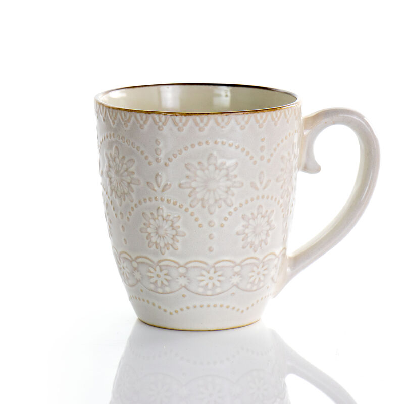 Elama Contessa 16 Piece Embossed Scalloped Stoneware Dinnerware Set in Ivory