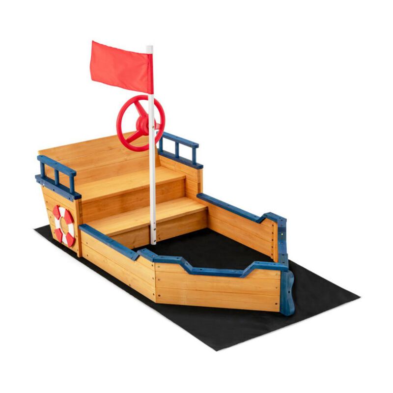 Hivvago Kids Pirate Boat Wooden Sandbox Children Outdoor Playset