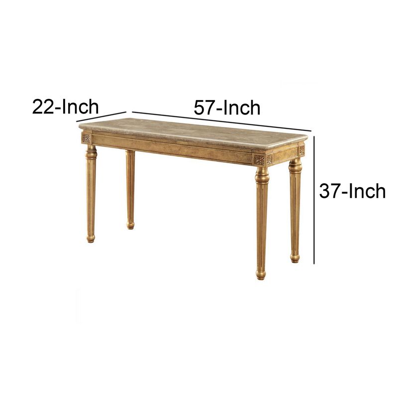 Marble Top Sofa Table With Fluted Detail Wooden Turned Legs, Gold-Benzara