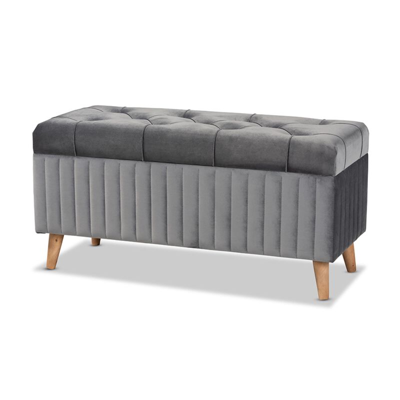 Baxton Studio Hanley Modern and Contemporary Grey Velvet Fabric Upholstered and Walnut Brown Finished Wood Storage Ottoman