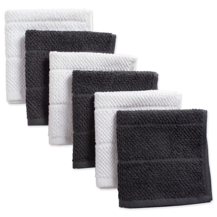 Set of 6 White and Gray Terry Square Kitchen Dishcloths 12"