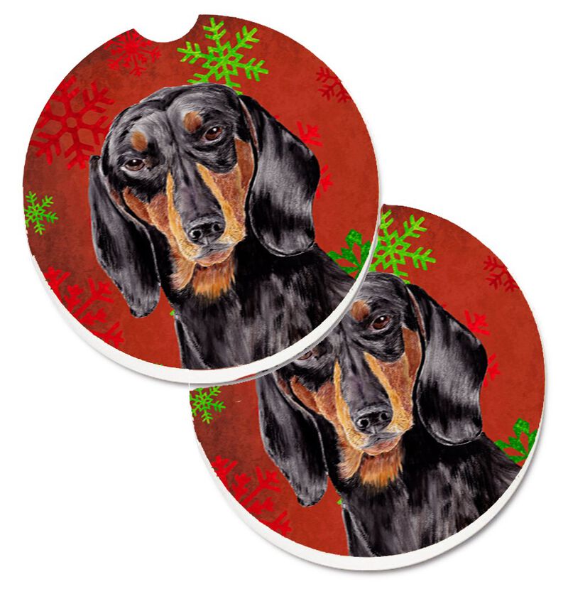 Caroline's Treasures Dachshund Red & green Snowflakes Holiday Christmas Set of 2 Cup Holder Car Coasters SC9403CARC, 2.56, Multicolor image number 0