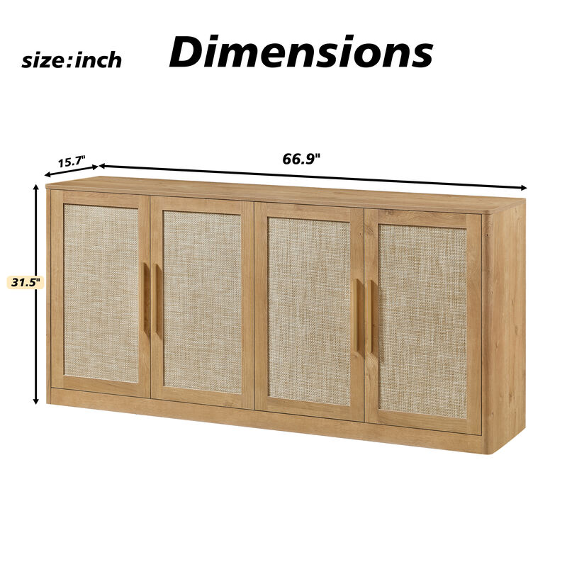 TATEUS 67" Rattan 4-Door Buffet Cabinet, Boho Sideboard, Large Credenza Sideboard Buffet image number 3