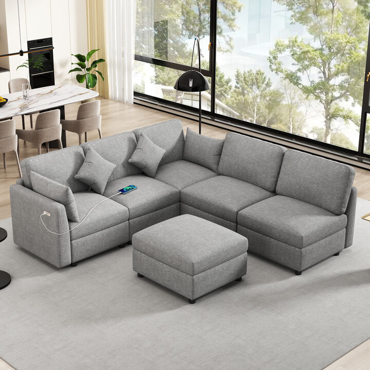 Whisen 86.6" Sectional Sofa, Modular Sofa with a Movable Ottoman and Two USB Ports