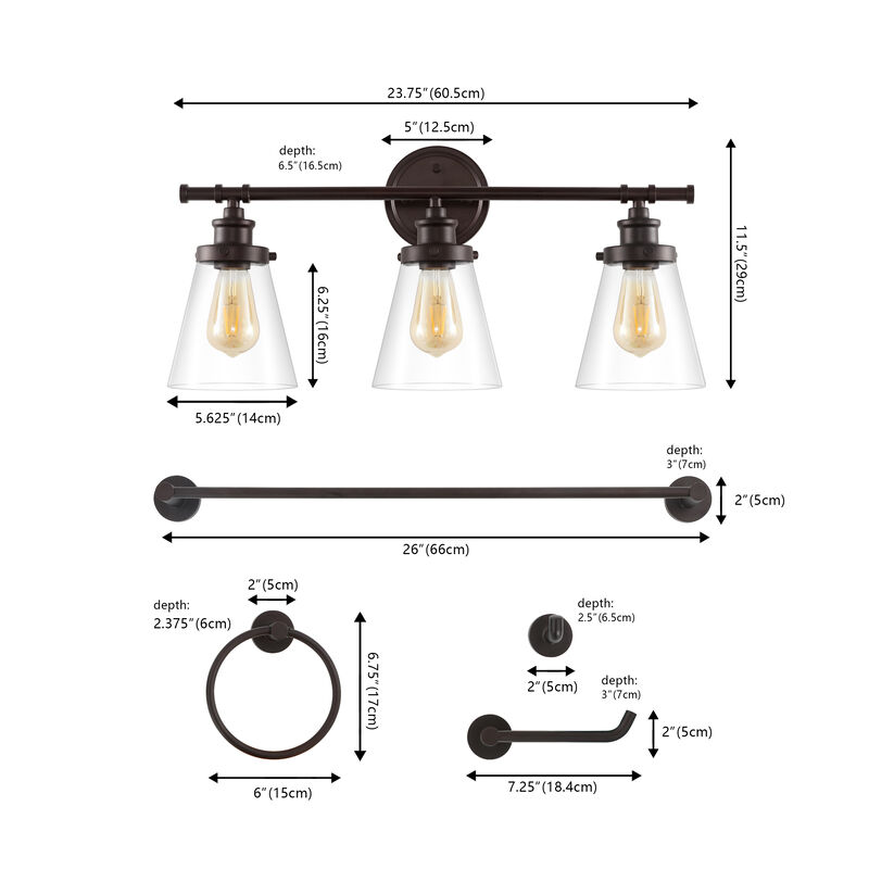 Hollis 23.75" 3-Light Traditional Farmhouse Vanity Light with Bathroom Hardware Accessory 5-Piece Set
