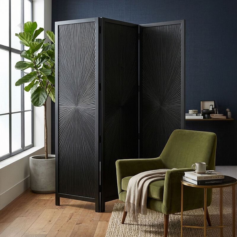 Cava 3 Panel Folding Room Divider Screen, Sunburst Design, Black Mango Wood, 72" H image number 1