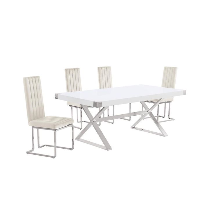 Best Quality Furniture 5pc Small(78) white wood top dining set with silver base and 4 chairs