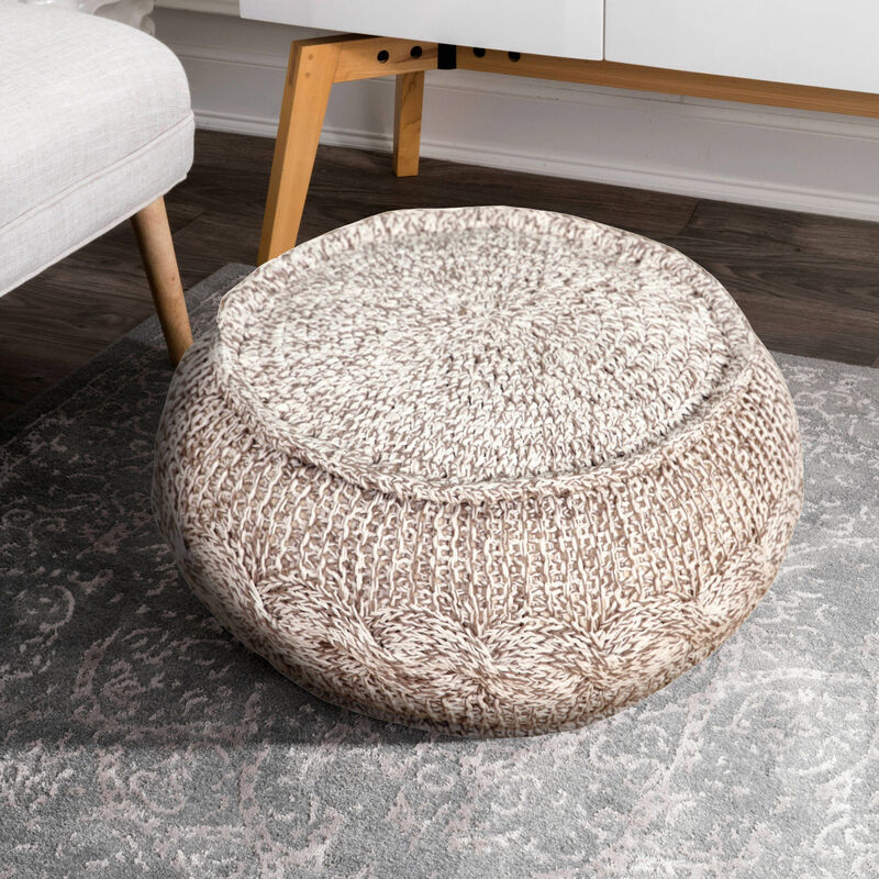 Round Geometric Pouf Ottoman – Cotton Upholstered Accent for Living Room