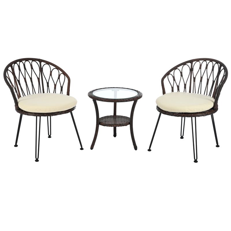 Mondawe 2 Pieces Outdoor Table And Chair Set,W/ Rattan Chairs And Round Glass Table Patio Garden Set