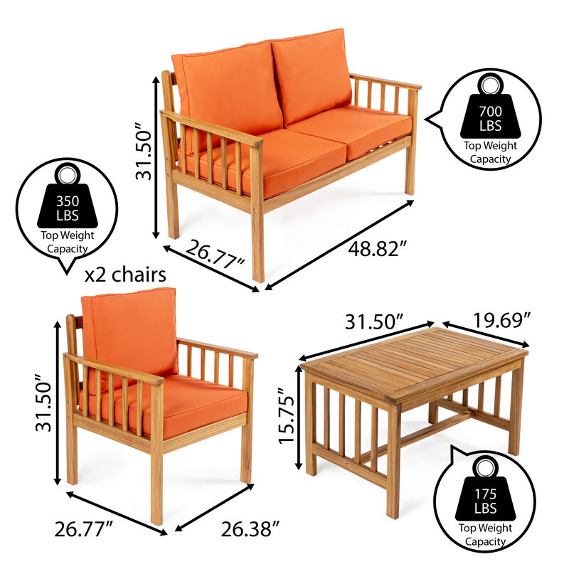 Everly 4-Piece Modern Cottage Acacia Wood Outdoor Patio Set with Cushions and Tropical Decorative Pillows