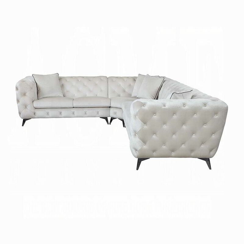 Ronia Sectional Sofa, 4 Throw Pillows, Tufted Ivory White, 133 Inch - Benzara
