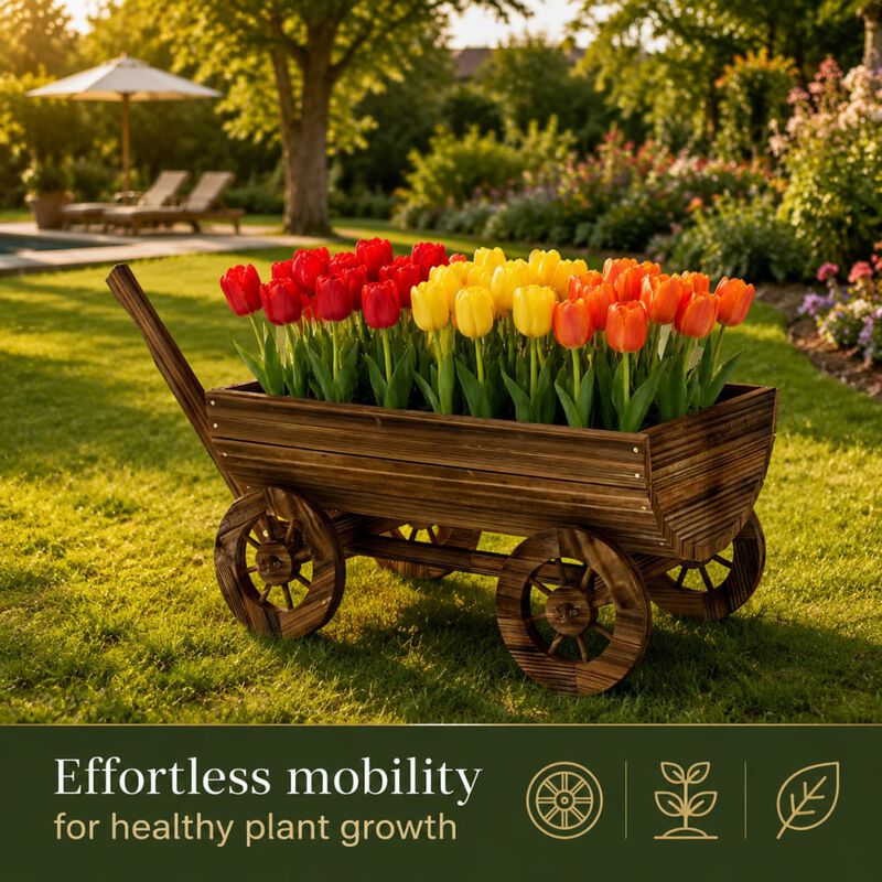 WOW PIONEER Rustic Wooden Wheelbarrow Wagon Planter, Mobile Elevated Garden Flower Cart with Drainage for Patio, Porch, Yard Use image number 4