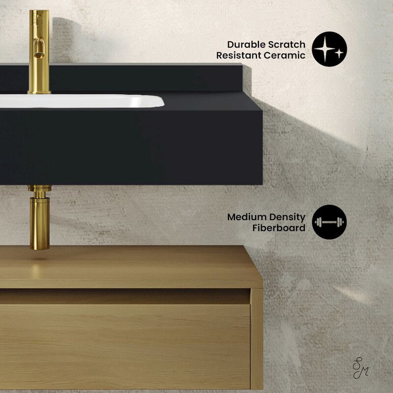 36" Wall-Mounted Bathroom Vanity in Natural Oak with Black Marble Sink Top image number 3