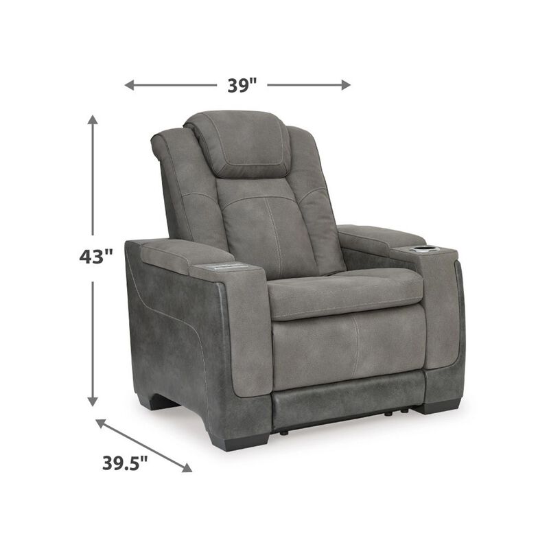 Corbin Power Recliner Chair, 39in, Gray Faux Leather, Wireless Charger - Benzara