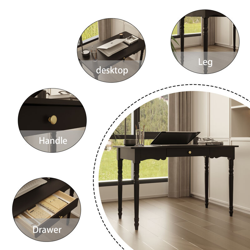 FUFU&GAGA Black Writing Desk with Drawer, MDF & Rubberwood Construction (47.2" W x 29.4" H x 23.6" D), Black