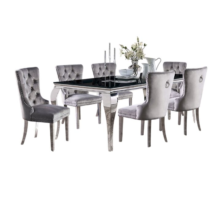 Vendy 7pc Dining Set with Tempered Glass Table, Gray Wingback Chairs