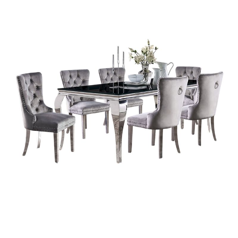 Vendy 7pc Dining Set with Tempered Glass Table, Gray Wingback Chairs image number 0