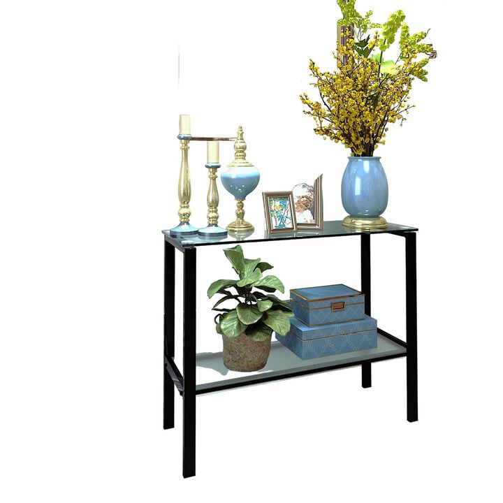 Console Table: Double Layer Tempered Glass Rectangular Porch Table - Black Leg, Double Layer Glass Tea Table