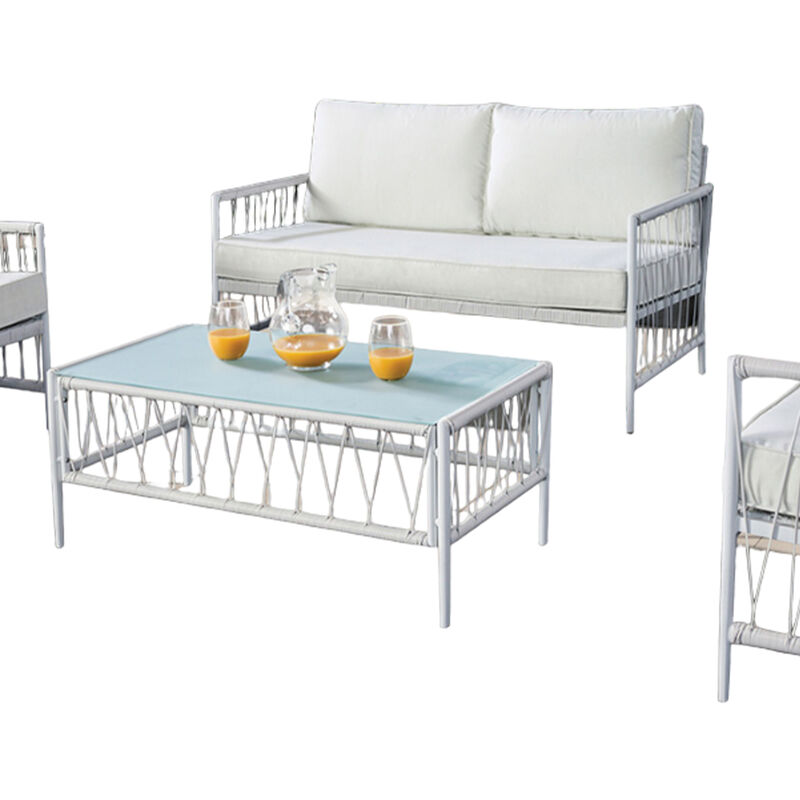 Hema 4 Piece Patio Set with 2 Chairs, Table, and Sofa, White Fabric, Metal - Benzara