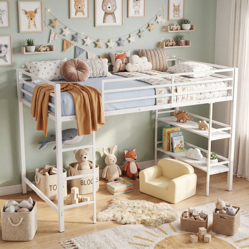 Twin Size Low Loft Bed with Ladder and Storage Shelves Metal Frame image number 3