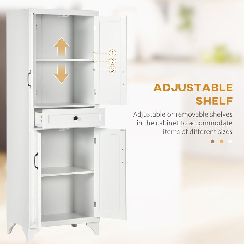White Dining Storage: 67" Kitchen Pantry Cabinet with 4 Doors & Drawer