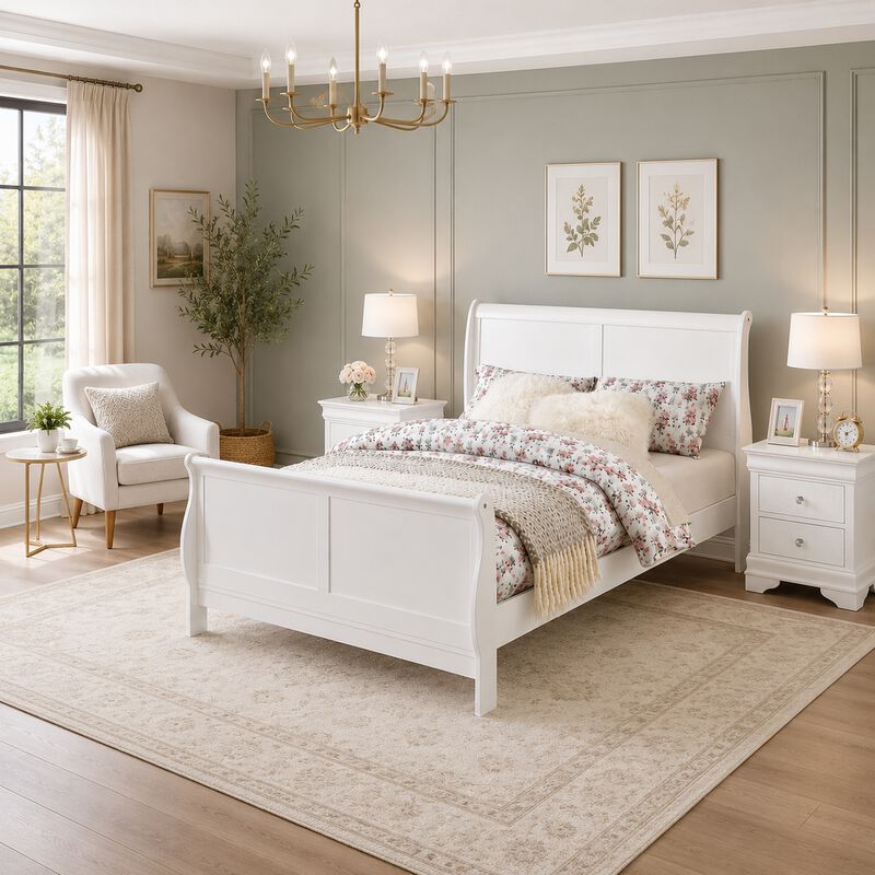 King Bedroom Set, White Wood, 3 Piece Set with 2 Nightstands image number 1