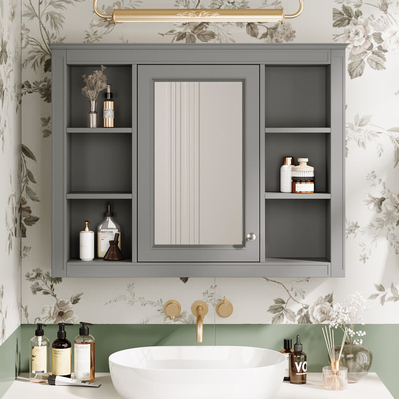 Mirror Medicine Cabinet with 6 Open Shelves for Bathroom Storage