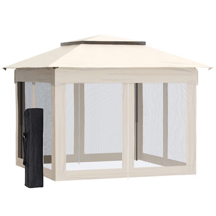 11' x 11' Pop Up Gazebo Outdoor Canopy Shelter with 2-Tier Soft Top, Removable Zipper Netting, Large Shade and Storage Bag for Patio, Beige