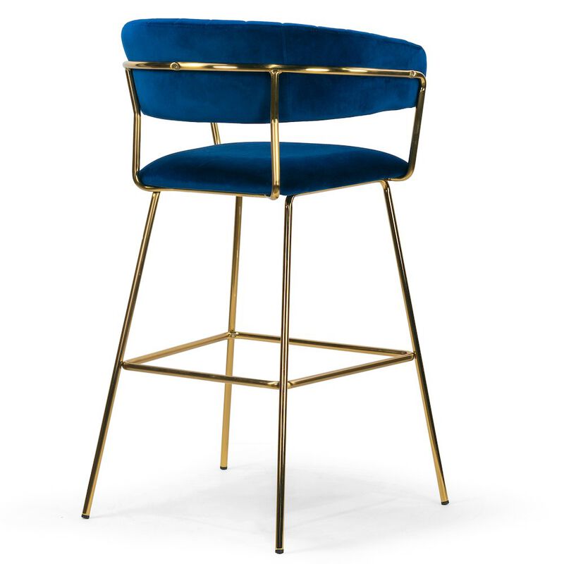 Glamour Home Set of 2 Anya Blue Velvet Bar Stool with Golden Metal Legs