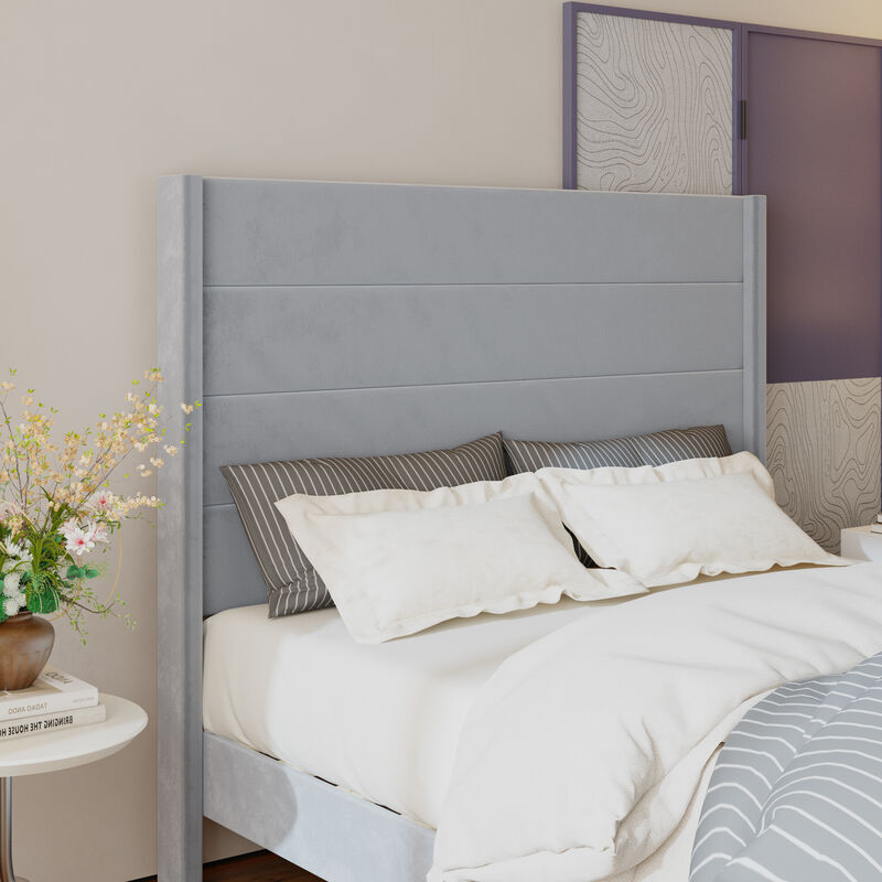 FUFU&GAGA Gray Upholstered Platform Bed with Padded Headboard, Reinforced Slat Support & Elevated Legs, Queen Size Bed Frame (83.5 in. L x 63.8 in. W x 55.3 in. H)