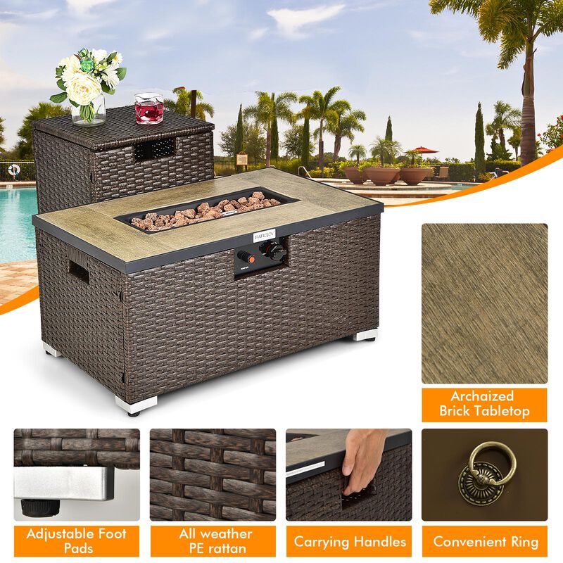 6 Pieces Outdoor Wicker Furniture Set with Propane Fire Pit Table
