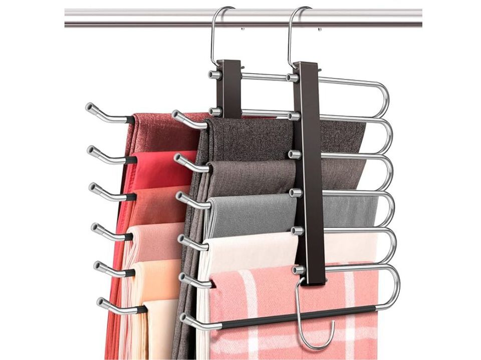 Space Saving 6 Tier Pant Hangers, Anti-Slip, Stainless Steel, 2 Pack, Black