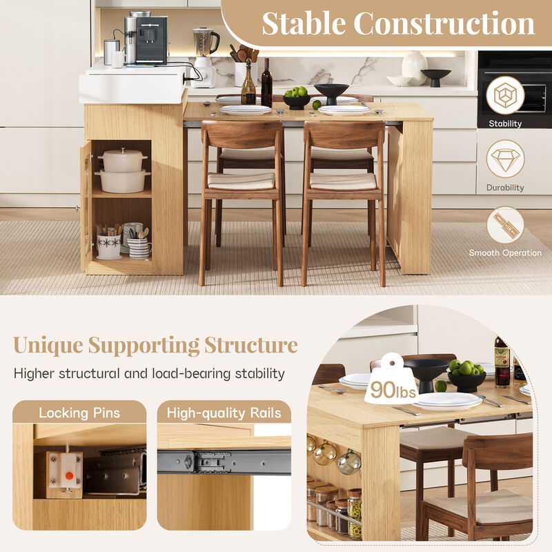 Whisen Extendable Dining Table 57.7"x32.7", Glass & MDF, w/Drawers, Power Outlet, Kitchen Island on Wheels image number 8