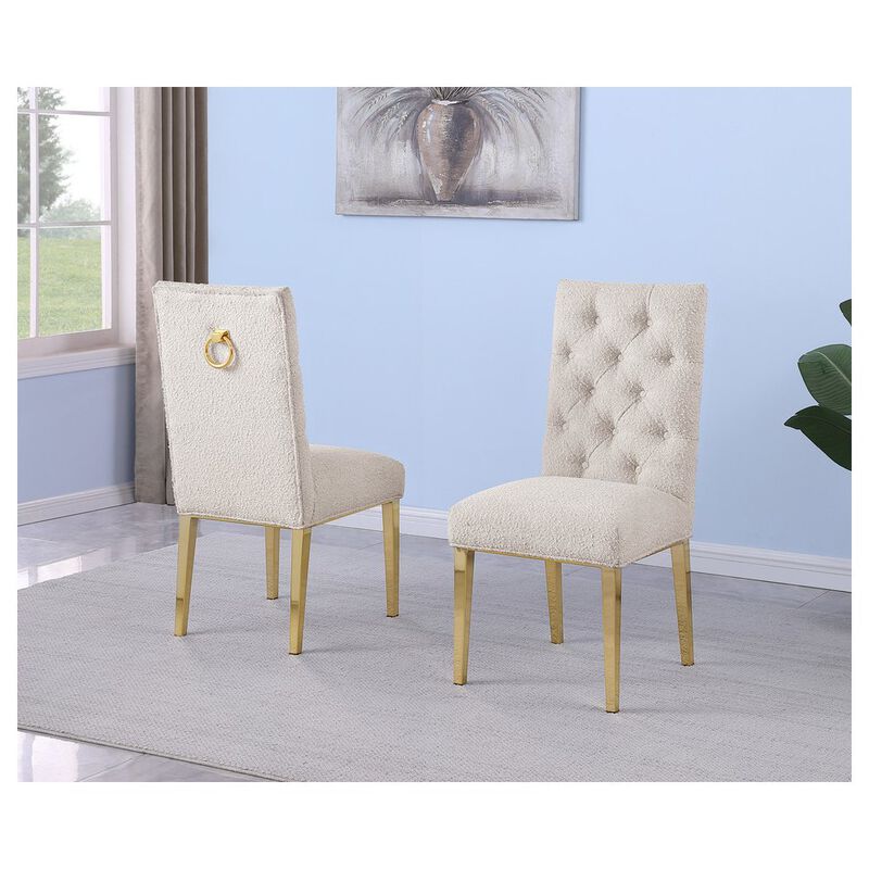 Best Quality Furniture Cream Boucle Fabric With Gold Chrome Base Dining Chairs (Set Of 2)